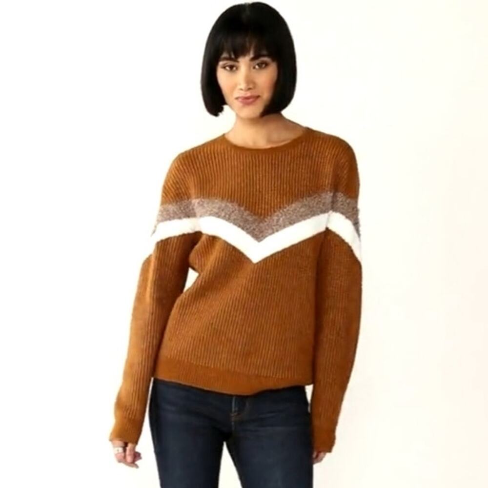 Nine West Women's Brown White Cable Knit Sweater Size L Chevron Colorblock NWT